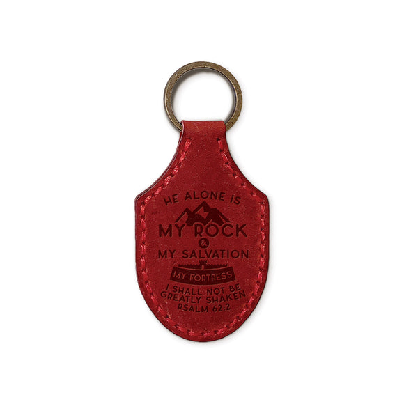 Debossed Leather Keychains – He is my Rock – Red