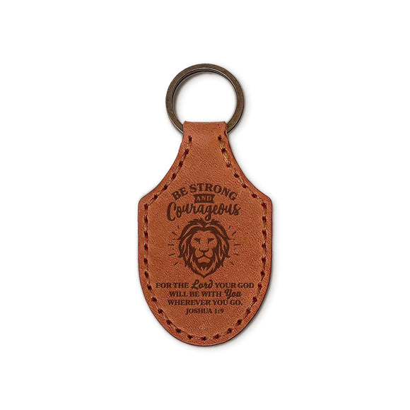 Debossed Leather Keychains – Strong & Courageous – Brown