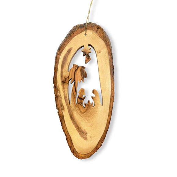 Live Edge Oval Slice with Nativity Ornament, Long