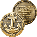 Front and back of Anchored in Christ Antique Gold Plated Christian Challenge Coin