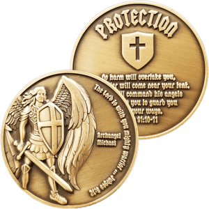 Front and back of  Archangel Michael Antique Gold Plated Christian Protection Coin