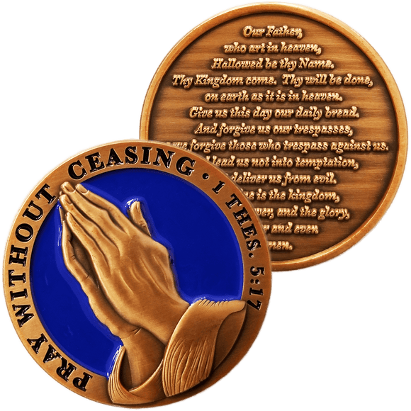 Front and back of The Lord's Prayer Antique Gold Plated Christian Challenge Coin
