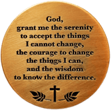 Back: "God, grant me the serenity to accept the things I cannot change, the courage to change the things I can, and the wisdom to know the difference."