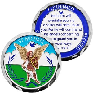Front and back of St. Michael Confirmation Coin 