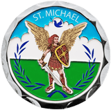Front: St. Michael with sword and shield, with text, "St. Michael"