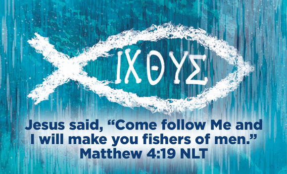 Children and Youth, Pass Along Scripture Cards, Christian Fish, ICHTHUS, Come follow me, Matthew 4:19, Pack of 25 - Logos Trading Post, Christian Gift