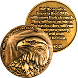Front and back of Christian Eagle Antique Gold Plated Challenge Coin