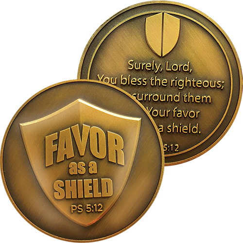 Front and back of The Lord's Favor As a Shield Antique Gold Plated Challenge Coin