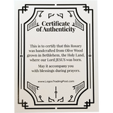 Olive Wood Rosary with Virgin Mary Medjugorje Oval Medal certificate of authenticity