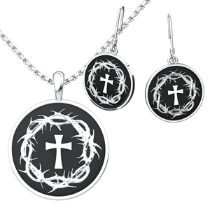 Crown of Thorns & Cross Set: Sterling Silver Pendant and Earrings - Logos Trading Post, Christian Gift