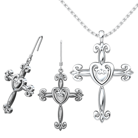 Heart Cross Set: Sterling Silver Pendant and Earrings - Logos Trading Post, Christian Gift