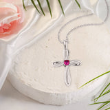 July Ruby Birthstone Swirl Cross Sterling Silver Necklace - With 18" Sterling Silver Chain