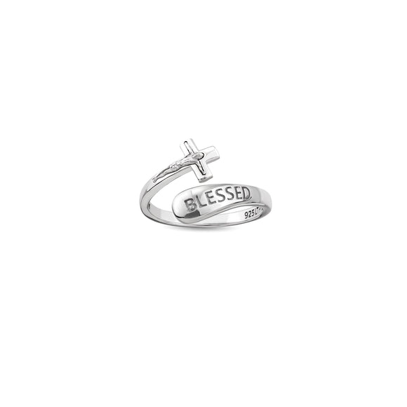 Sterling Silver Wrap Ring - Blessed and Crucifix, One Size Fits Most