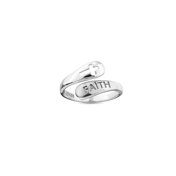 Sterling Silver Wrap Ring - Faith and Cut Out Cross, One Size Fits Most