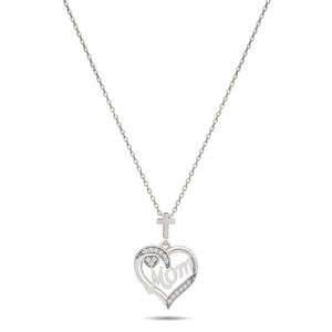 Mom Banner Heart Pendant with Cubic Zirconia Accents and Cross