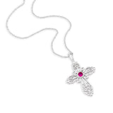 Sterling Silver Filigree Birthstone Cross Necklace - July