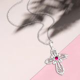 Sterling Silver Filigree Birthstone Cross Necklace - July
