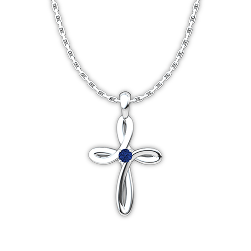 September Blue Sapphire Birthstone Swirl Cross Sterling Silver Necklace
