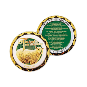 Front and back of The Lord is my Shepherd Gold Plated Christian Challenge Coin