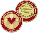 the front and back of "For God So Loved the World" Gold Plated Challenge Coin