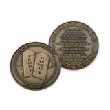 Front and back of Ten Commandments Antique Gold Plated Challenge Coin