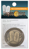 Front of Ten Commandments Antique Gold Plated Challenge Coin in packaging