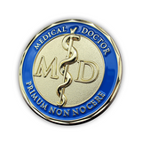 front of Medical Doctor Gold Plated Challenge Coin - Psalm 91 turned slightly to the side