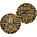 Both sides of the Antique Gold-Plated Religious Challenge Coin Head of Christ. Front with the Head of Christ. Back with john 3:16