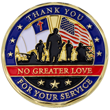 Front: Soldiers with the American flag and Christian flag, with text, "Thank you for your service" / "No greater love"