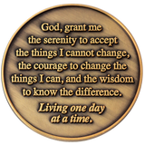 Back: Text, "God, grant me the serenity to accept the things I cannot change, the courage to change the things I can, and the wisdom to know the difference." / "Living one day at a time."
