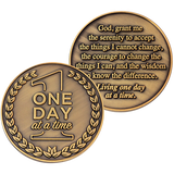 Front and back of One Day at a Time Antique Gold Plated  Challenge Coin with Serenity Prayer