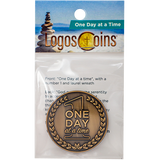 Front of One Day at a Time Antique Gold Plated  Challenge Coin with Serenity Prayer in packaging