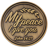 Back: Text, "My peace I give to you. John 14:27"