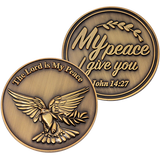 Front and back of The Lord is my Peace Antique Gold Plated Christian Coin with Dove and Olive Branch