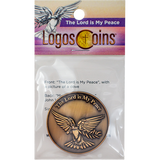 The Lord is my Peace Antique Gold Plated Christian Coin with Dove and Olive Branch coin front in packaging