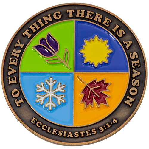 Front: Iconography representing the four seasons, with text 