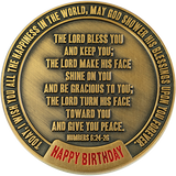 back of happy birthday challenge coin, with Bible verse and text "happy birthday"