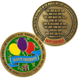 Both front and back view of happy birthday challenge coin