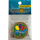 View of happy birthday coin in packaging, front