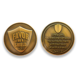 The Lord's Favor As a Shield Antique Gold Plated Challenge Coin front and back beside each other