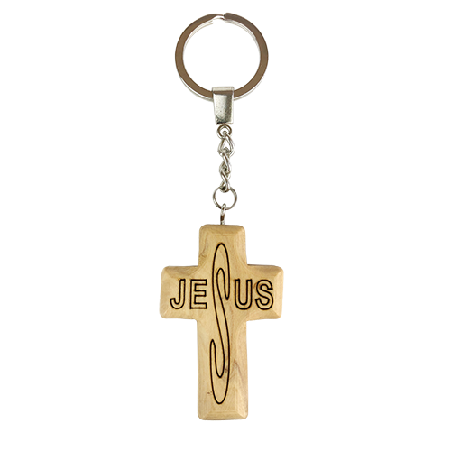 Jesus Cross Olive Wood Keychain, Catholic & Christian Religious Gift for Men & Women