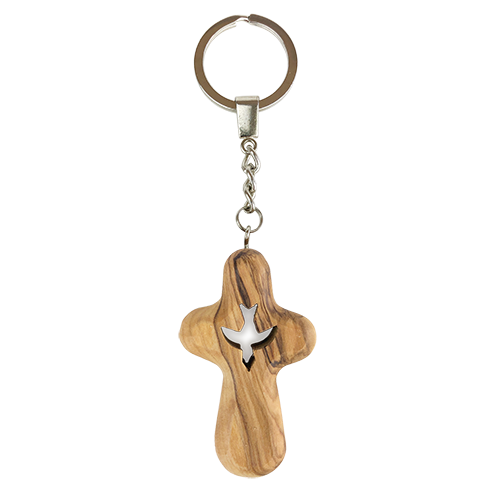 Dove Holding Cross Olive Wood Keychain, Catholic & Christian Religious Gift for Men & Women