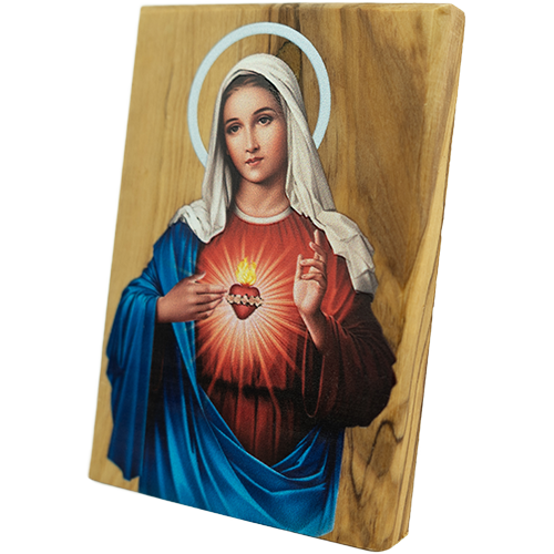 Virgin Mary Immaculate Heart, Holy Land Olive Wood Color Icon, Made in Bethlehem