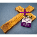 10" Olive Wood Wall Cross wrapped in decorative purple ribbon with gold letters 