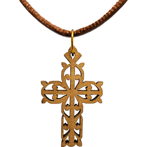 Olive Wood Flat Filigree Cross Necklace