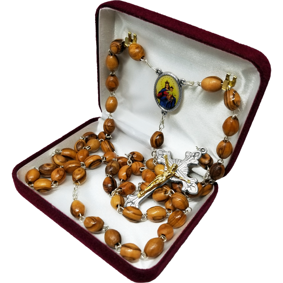 Olive Wood Rosary with Virgin Mary and Jesus Oval Medal in velvet box