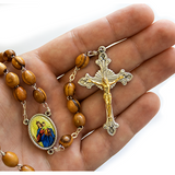 Olive Wood Rosary with Virgin Mary and Jesus Oval Medal in hand