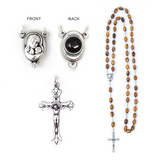 Olive Wood Rosary with Virgin Mary and Jesus Silver Oval Medal and Jerusalem Soil close up features