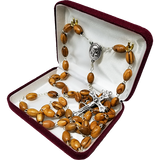 Olive Wood Rosary with Virgin Mary and Jesus Silver Oval Medal and Jerusalem Soil in velvet box
