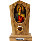 Virgin Mary Immaculate Heart Olive Wood Plaque from Israel, Full Color Center Portrait, Traditional Devotional Prayer Icon front view